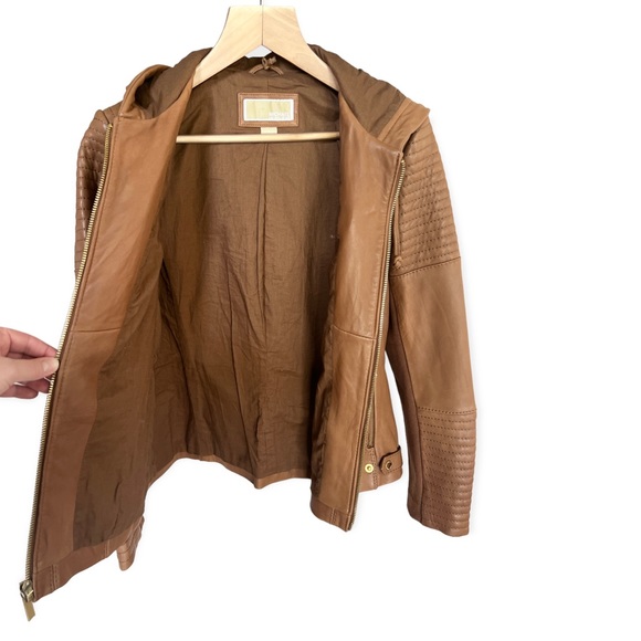 Michael Kors Women’s Brown Leather Hooded Moto Full Zip Jacket, XL - Picture 5 of 10